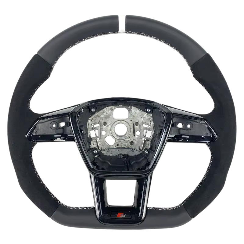 BCC Audi Q8/Q7/SQ7/SQ8/RSQ8 Alcantara and Leather Flat Bottom Steering Wheel White Strip and Stitching