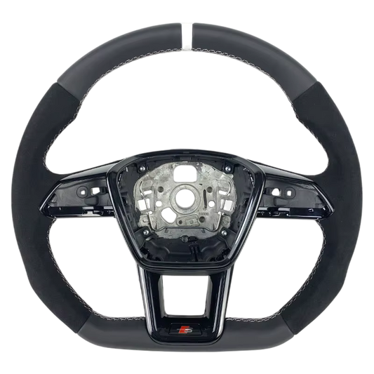 BCC Audi Q8/Q7/SQ7/SQ8/RSQ8 Alcantara and Leather Flat Bottom Steering Wheel White Strip and Stitching