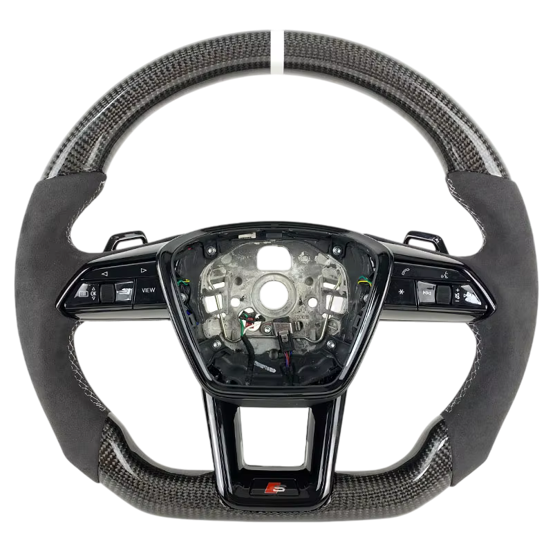 BCC Audi Q8/Q7/SQ7/SQ8/RSQ8 Alcantara and Carbon Flat Bottom Steering Wheel White Strip and Stitching