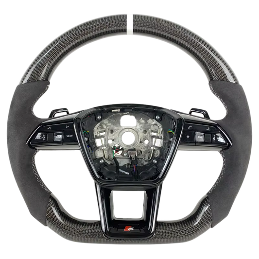BCC Audi Q8/Q7/SQ7/SQ8/RSQ8 Alcantara and Carbon Flat Bottom Steering Wheel White Strip and Stitching